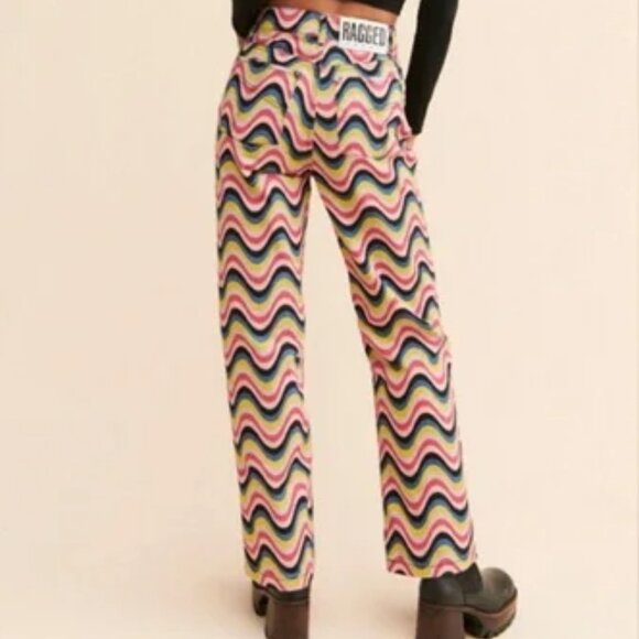 The Ragged Priest Denim - RAGGED PRIEST HIGH RISE STRAIGHT LEG JEANS WAVY PYSCHEDELIC HIPPIE MOD RIGID 26